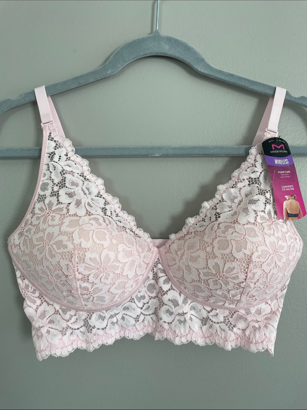 New Maidenform Black Lace Wireless Bra 36D Bralette 3 Way Convertible Halter